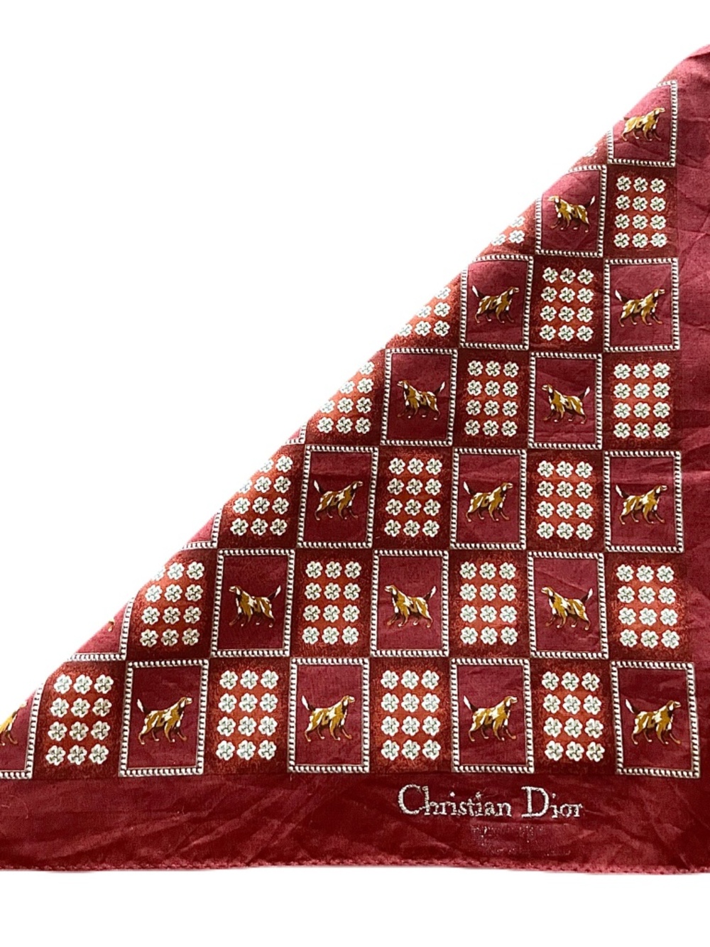 Christian Dior burgundy scarf dog and floral print.
